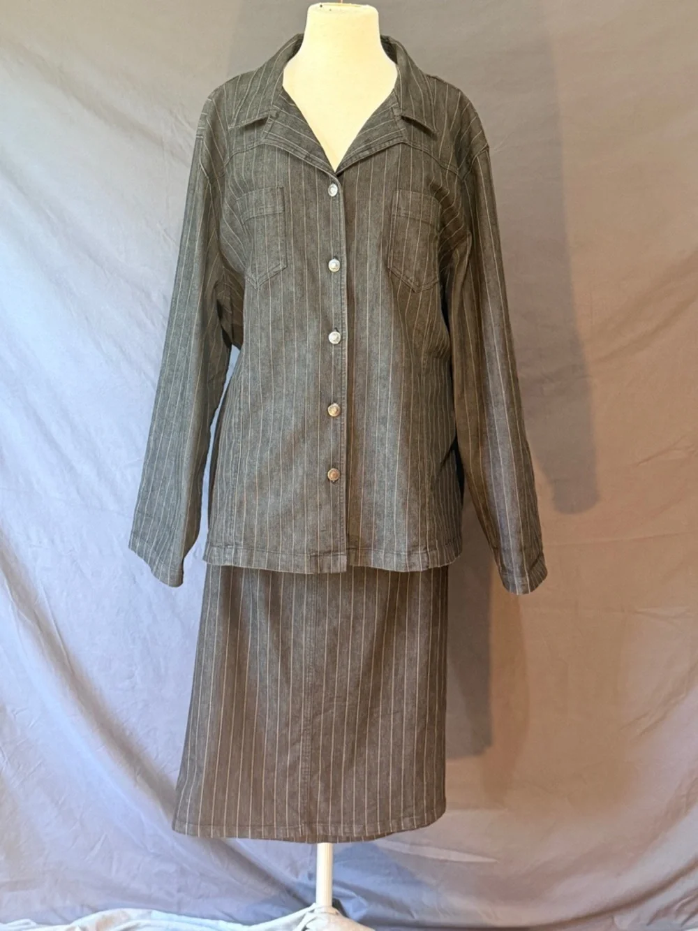 Liz & Me 2pc Skirt Set 20W Gray Denim Pinstripe Button Front Jacket Midi Skirt